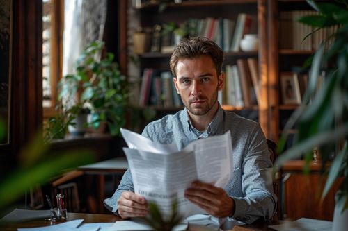 Muž čte dokument v útulné místnosti s knihovnou.