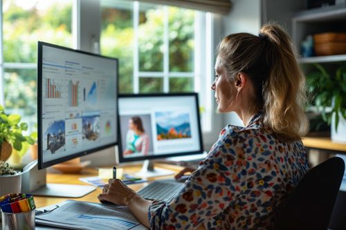 Žena pracuje na počítači v kanceláři.