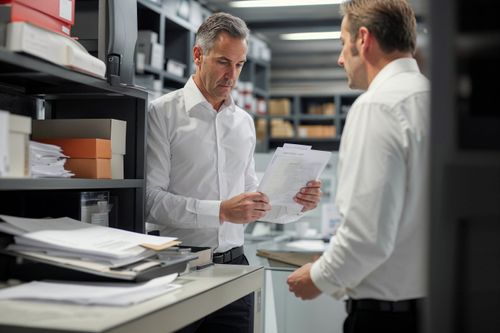 Dva muži v bílých košilích diskutují v kanceláři, jeden z nich drží papíry.