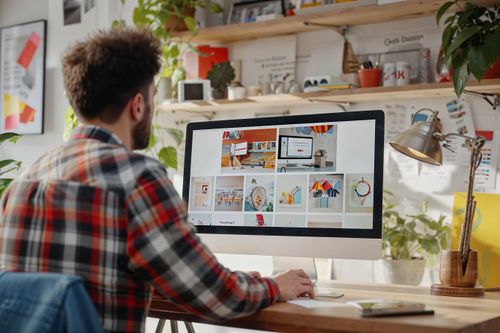 Muž sedí před počítačovým monitorem, na kterém jsou zobrazeny různé obrázky a designové projekty.