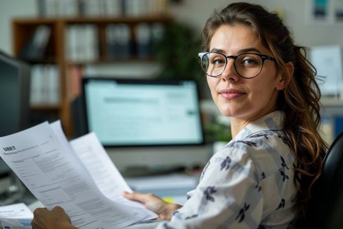 Žena s brýlemi sedící v kanceláři a držící papíry.