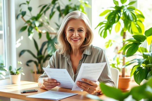 Žena sedí u stolu a drží v rukou dokumenty. Je obklopena zelenými rostlinami a usmívá se. Na stole leží mobilní telefon.