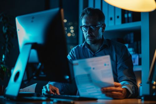 Muž pracující na počítači v kanceláři v noci.