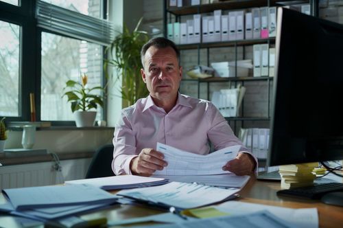Muž v růžové košili sedí u kancelářského stolu a drží v ruce dokumenty.