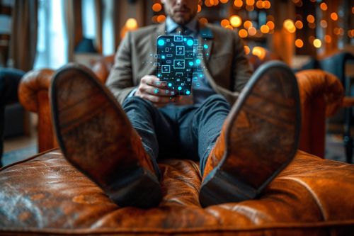 Muž sedící v koženém křesle a držící inteligentní telefon s holografickým rozhraním.