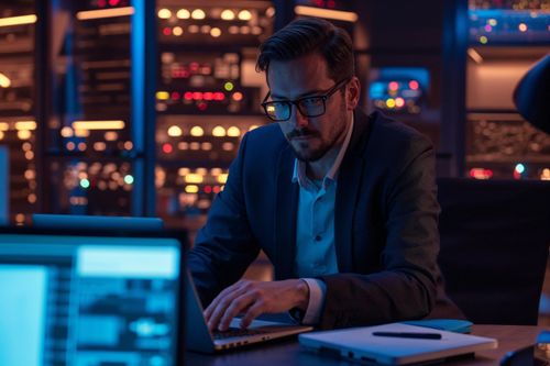 Muž v obleku pracuje na notebooku v místnosti osvětlené modrým světlem s řadou serverových skříní v pozadí.