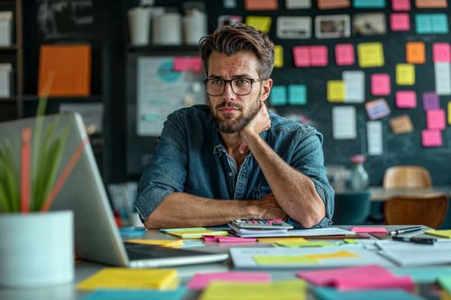 Muž s brýlemi sedící u stolu s notebookem a obklopený barevnými poznámkami.