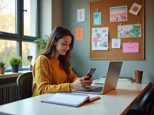 Žena sedí u stolu s notebookem a telefonem. Na stole je také otevřený sešit. V pozadí je nástěnka s obrázky a papíry. Na parapetu jsou rostliny.
