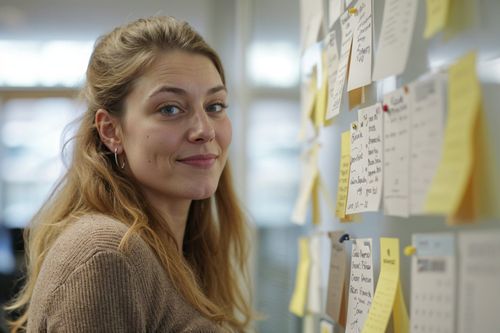 Mladá žena se zlatavými vlasy a světlým svetrem se usmívá, zatímco stojí před nástěnkou s poznámkami.