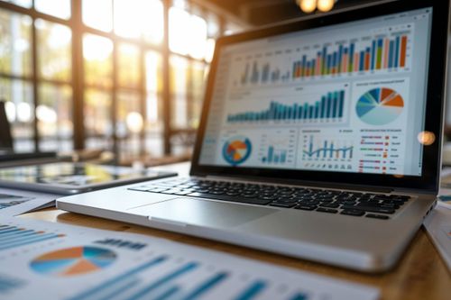 Otevřený notebook s grafy a analýzami dat na obrazovce.