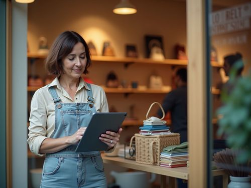 Žena stojí u stolu v obchodě, drží tablet a usmívá se. Na stole jsou naskládané barevné látky a proutěný košík. V pozadí jsou vidět poličky s vystavenými předměty.