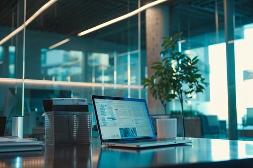 Otevřený notebook na konferenčním stole v kanceláři.