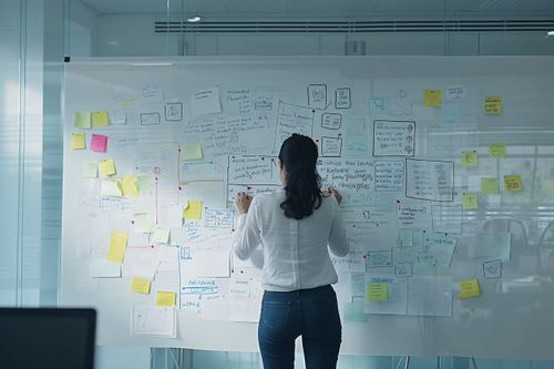 Hlavním objektem je žena stojící zády, která píše na skleněnou tabuli plnou poznámek a diagramů.