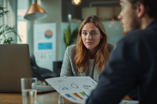 Mladá žena ve formálním oblečení sedí u stolu naproti muži a diskutuje dokumenty.