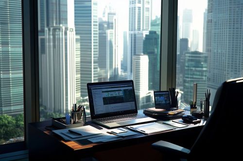 Na obrázku je pracovní stůl s notebookem, papíry a kancelářskými potřebami. V pozadí jsou vidět velké prosklené okno s výhledem na moderní městské mrakodrapy.