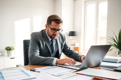 Muž v obleku pracuje na notebooku u stolu v kanceláři, obklopen dokumenty.