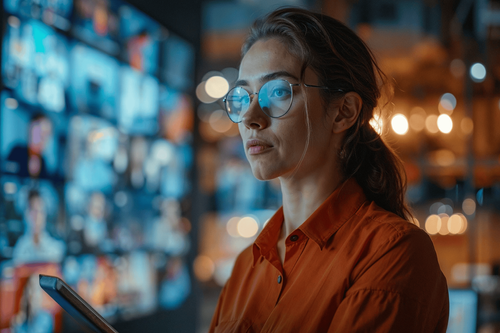Mladá žena s brýlemi v oranžové košili stojí před rozmazanými displeji s barevným osvětlením.