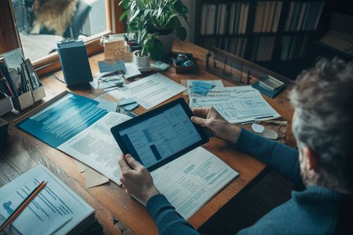 Na stole plném papírů a dokumentů drží osoba tablet.