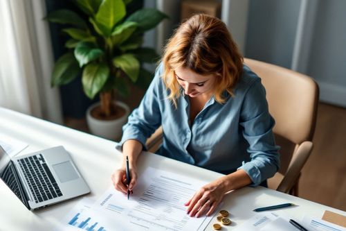 Žena sedí u stolu a pracuje s dokumenty. Na stole je také otevřený notebook a pár mincí. V pozadí je vidět zelená rostlina.
