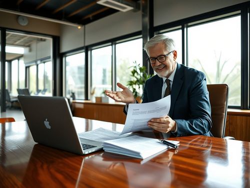 Muž v obleku sedící u stolu s laptopem, drží papíry a usmívá se. Kancelářské prostředí s velkými okny v pozadí.