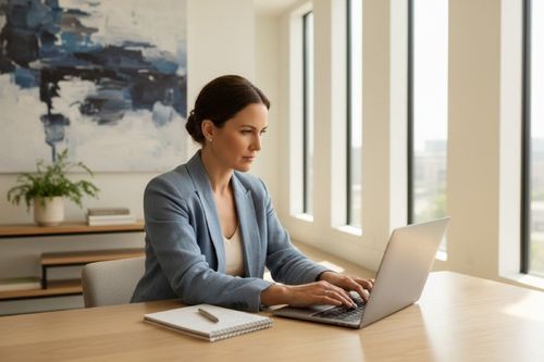 Žena pracuje na laptopu v moderní kanceláři. Má na sobě modré sako a sedí u dřevěného stolu. Vedle ní je poznámkový blok s perem. Na stěně visí abstraktní obraz a v pozadí je vidět rostlina. Kancelář má velká okna, která propouštějí hodně světla.