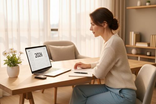 Žena sedící u stolu s notebookem, na jehož obrazovce je zobrazen kalendář pro rok 2026. Vedle notebooku je myš a na stole leží notes s perem. Na stole je také květináč s bílými květinami.