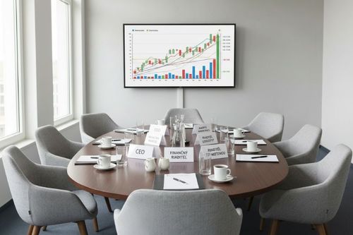Oválný konferenční stůl obklopený židlemi, na stole jsou rozložené papíry, tužky a šálky. Na stěně je obrazovka s grafem.