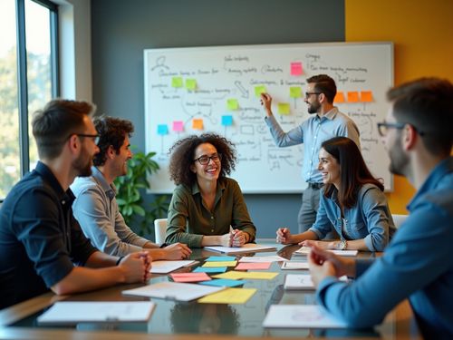 Skupina lidí sedí kolem stolu v kanceláři a diskutuje. Na stole leží barevné lepící poznámky a papíry. V pozadí je tabule s dalšími poznámkami, na kterou jeden z nich ukazuje. Všichni vypadají zaujatě a usmívají se.